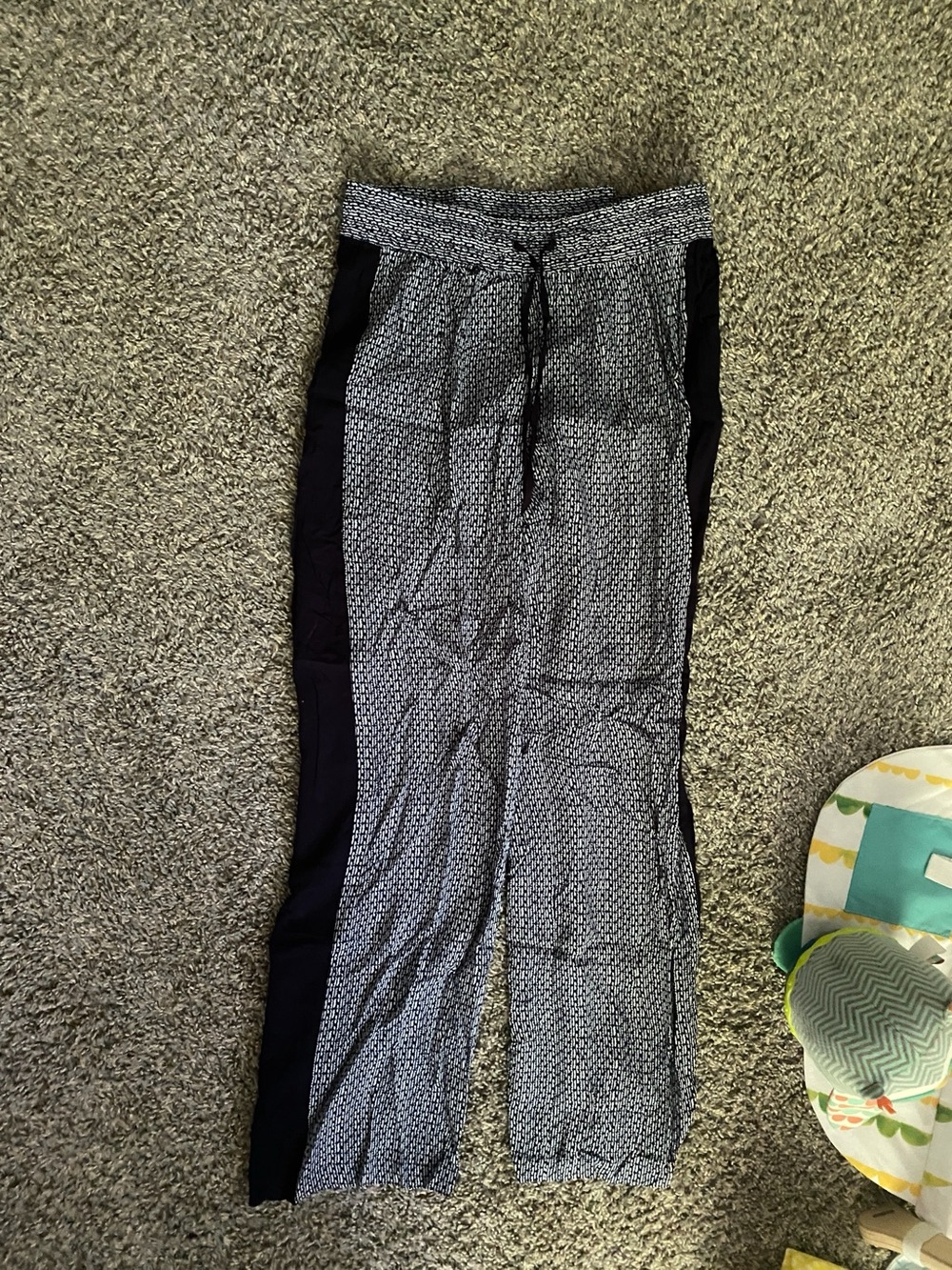 Drawstring Wide Leg Patterned Pants - Navy/White